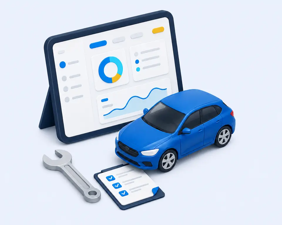 Fidogest Autofficina con automobile, scheda digitale, checklist e strumenti